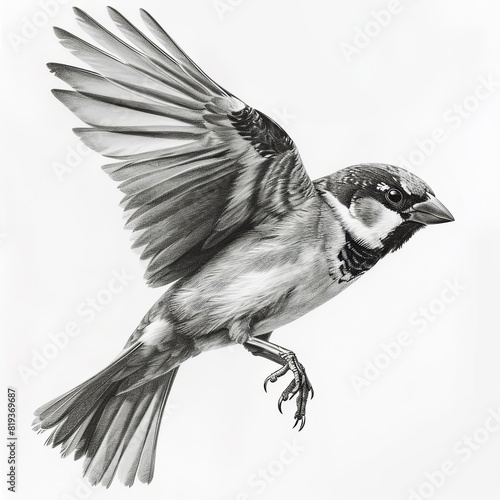 House Sparrow Bird Pencil Sketch Hand Drawn Black and White Depiction of Passer Domesticus on a Blank White Background
