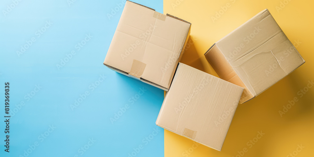 Сraft cardboard packaging boxes on colored background with copy space.