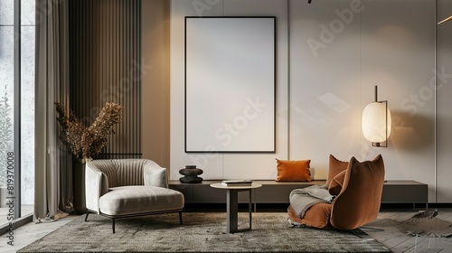 Mock up poster frame in a modern Art Deco style living room interior, 3D render, 3D illustration.