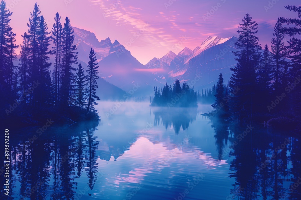 A tranquil mountain lake enveloped in a serene mist at dawn. The scene features towering pine trees along the shoreline, with majestic mountains in the background.