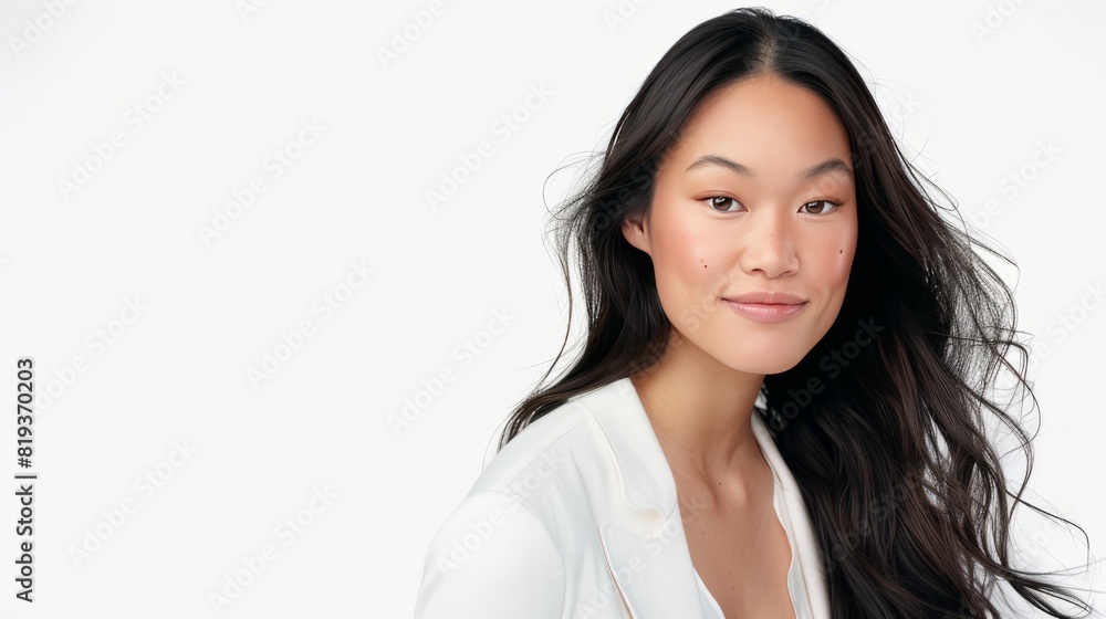 An Asian woman with long hair, wearing white and smiling at the camera. She is posing for an advertising campaign against a plain background An Asian woman with long hair, wearing white and smiling at the camera. She is posing for an advertising campaign against a plain background