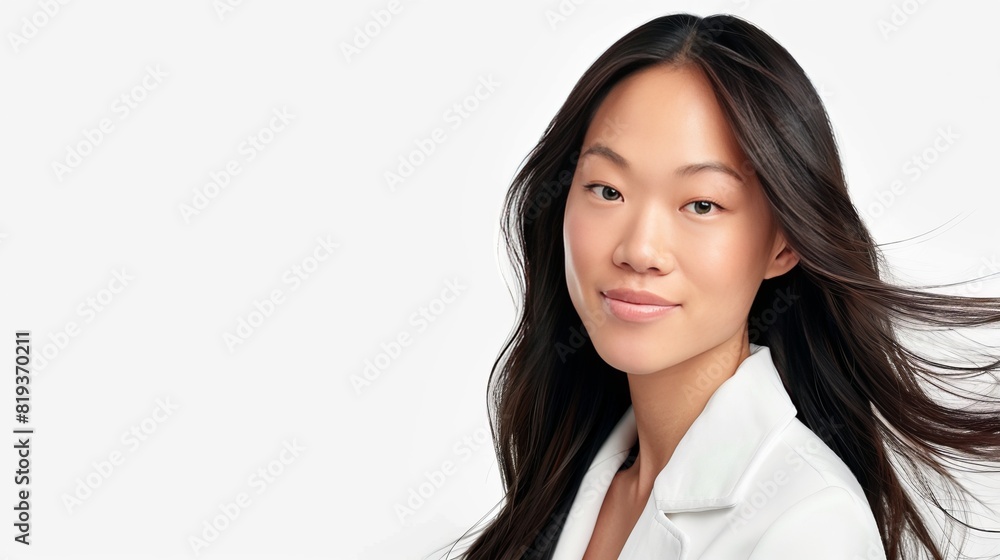 An Asian woman with long hair, wearing white and smiling at the camera. She is posing for an advertising campaign against a plain background An Asian woman with long hair, wearing white and smiling at the camera. She is posing for an advertising campaign against a plain background