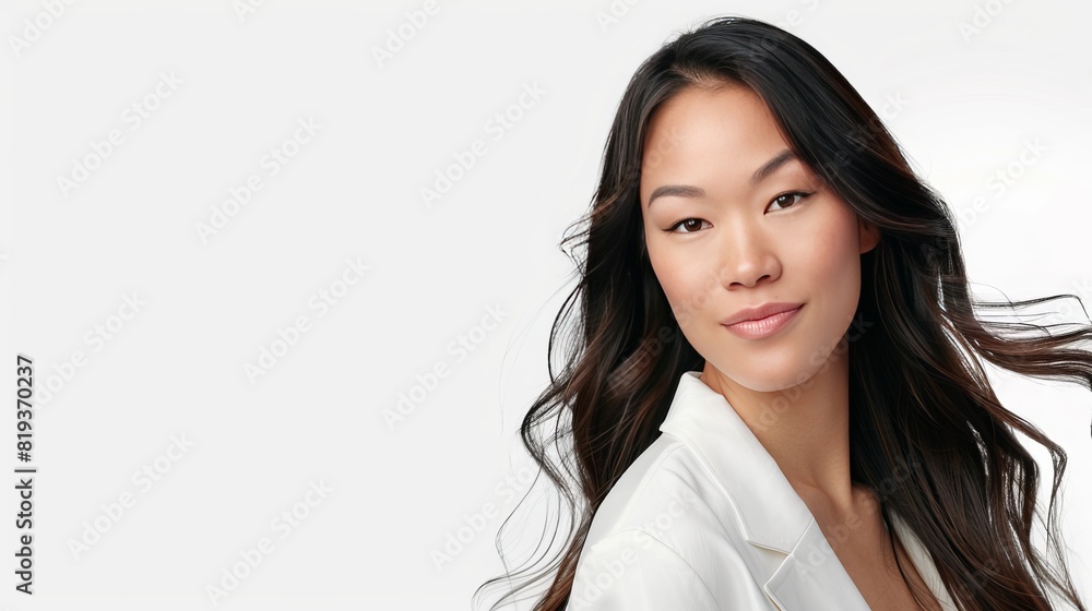 An Asian woman with long hair, wearing white and smiling at the camera. She is posing for an advertising campaign against a plain background An Asian woman with long hair, wearing white and smiling at the camera. She is posing for an advertising campaign against a plain background