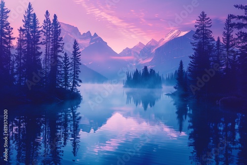 A tranquil mountain lake enveloped in a serene mist at dawn. The scene features towering pine trees along the shoreline, with majestic mountains in the background.