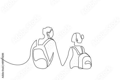 couple hike trekking love sign lifestyle one line art design vector