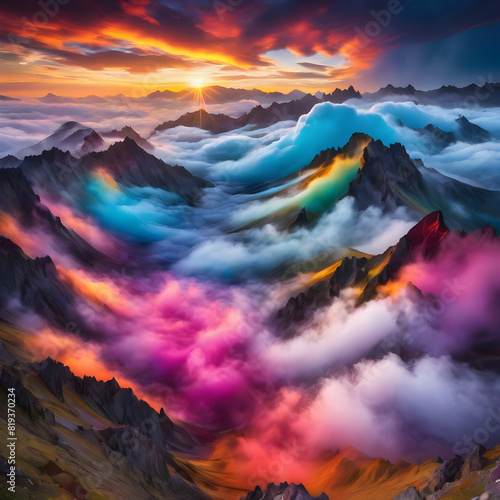 A vibrant and diverse array of colored clouds swirl and dance in the sky  creating a mesmerizing and ever-changing landscape.