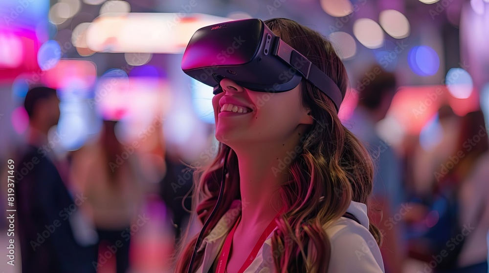 A promotional model at a trade show, interacting with attendees and demonstrating tech gadgets A promotional model at a trade show, interacting with attendees and demonstrating tech gadgets