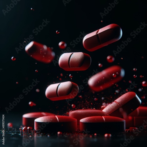 Cinematic pills falling through the air, captured in motion 