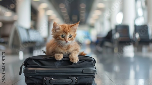 kitten with luggage at airport bording photo