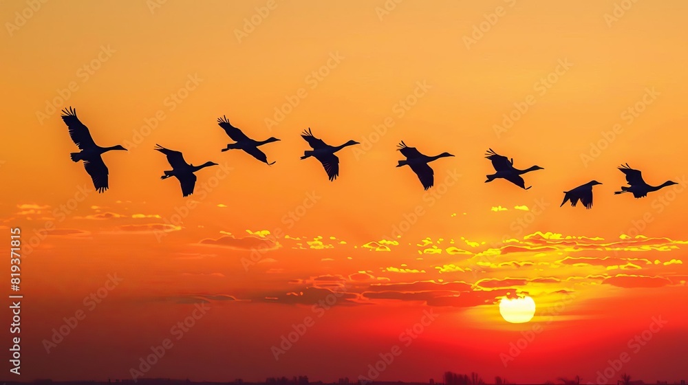 Fototapeta premium A silhouette of a group of birds flying in a Vformation against a bright orange evening sky