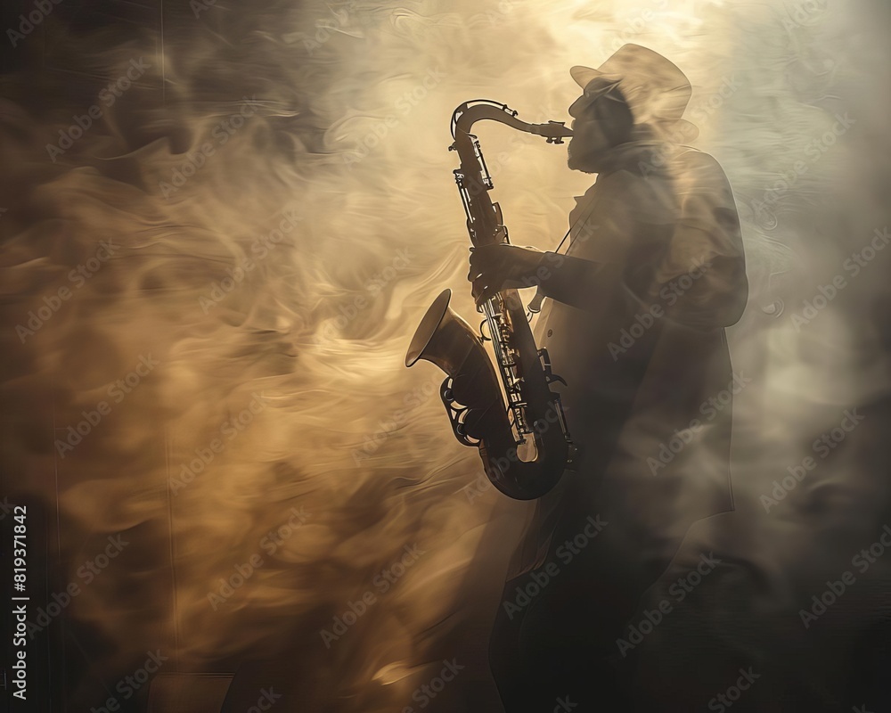 Obraz premium A silhouette of a jazz musician playing a saxophone on a smoky stage with soft spotlight illumination