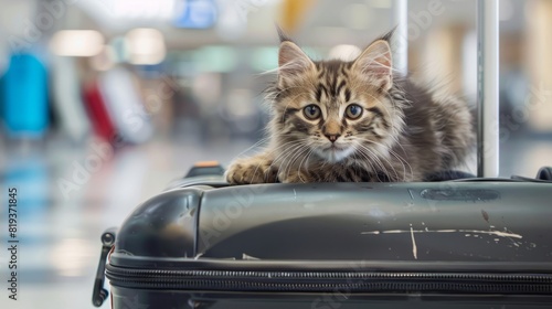 kitten with luggage at airport bording photo