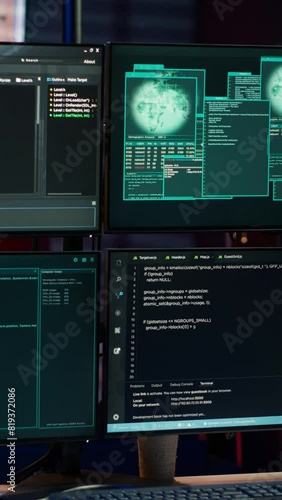 Vertical video Lines of code running on computer monitors in empty room used by cybercriminal stealing sensitive information. Dangerous scripts on PC used for threatening network systems, panning shot