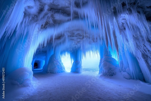 A breathtaking ice cave featuring an array of sharp, elongated icicles hanging from the ceiling. The cave interior is illuminated by a soft, ethereal blue light, creating a serene.