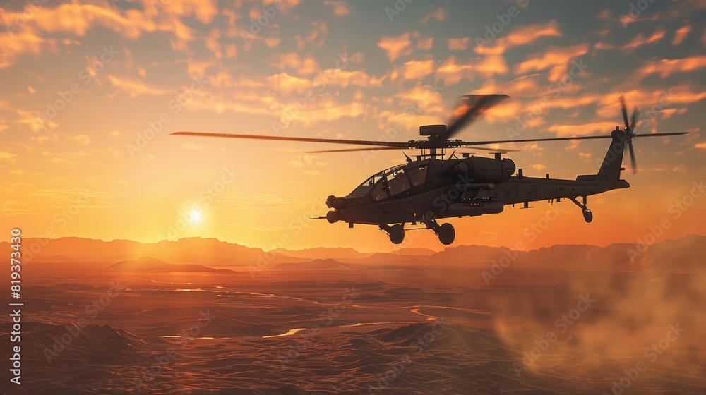 military attack helicopter, AH-64 Apache, hovering in a desert landscape at sunset, rotors in motion realistic
