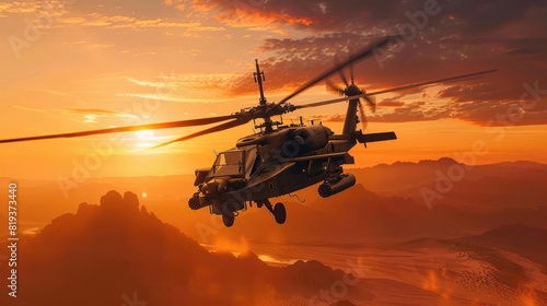 military attack helicopter, AH-64 Apache, hovering in a desert landscape at sunset, rotors in motion realistic photo