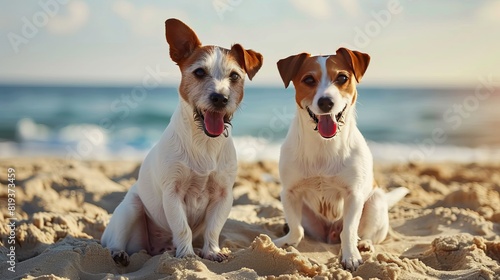 One morning, on a sunny day, there were two smiling Jack Russell Terriers sitting half-squatting on the beach 