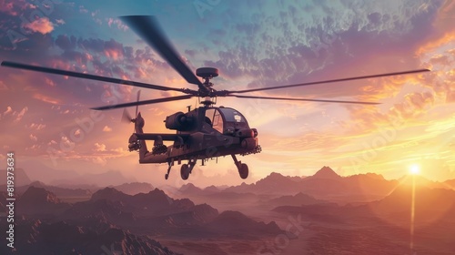 military attack helicopter, AH-64 Apache, hovering in a desert landscape at sunset, rotors in motion realistic photo