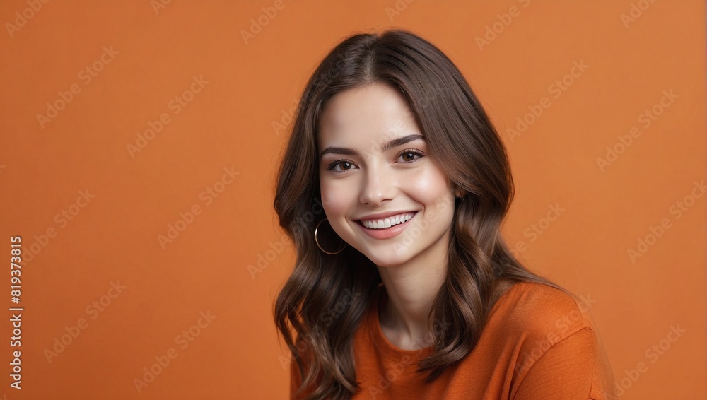 Young woman posing smiling on orange background, studio shot, advertising space Young woman posing smiling on orange background, studio shot, advertising space
