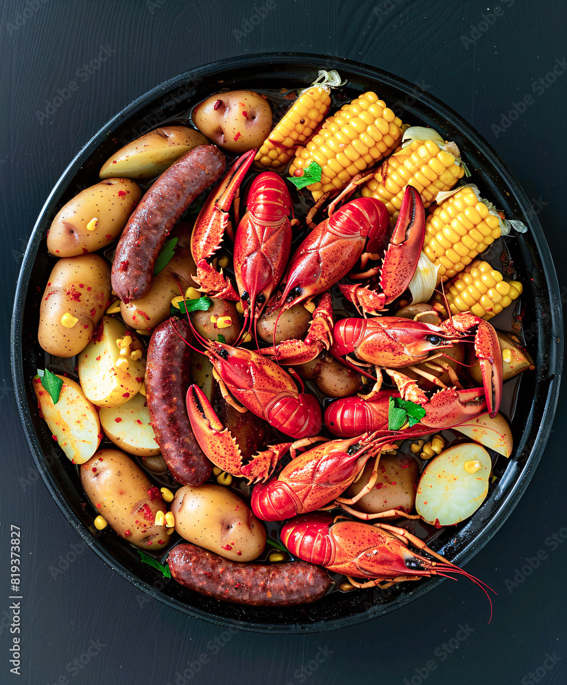 Southern crawfish boil isolated on black background Southern crawfish boil isolated on black background