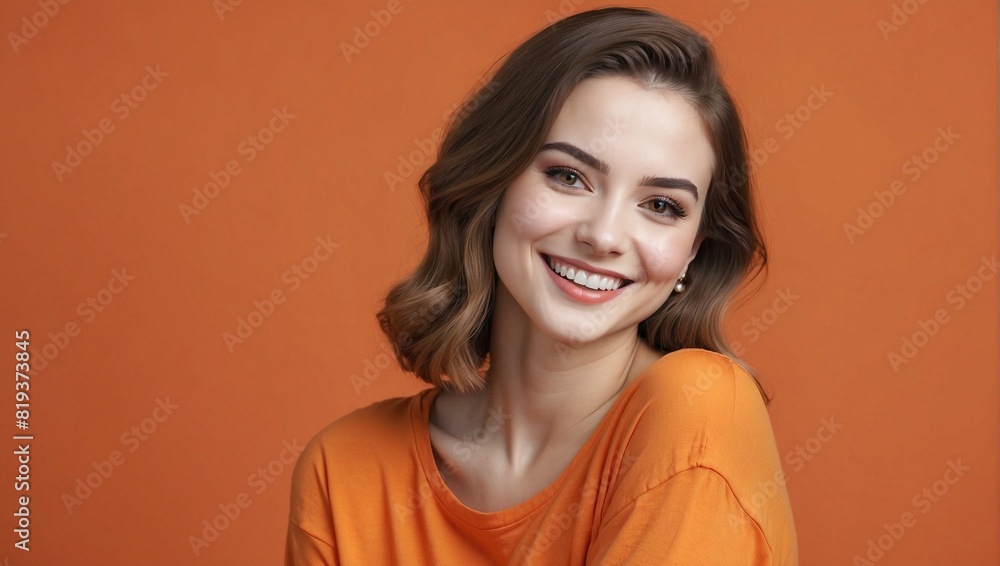 Young woman posing smiling on orange background, studio shot, advertising space Young woman posing smiling on orange background, studio shot, advertising space