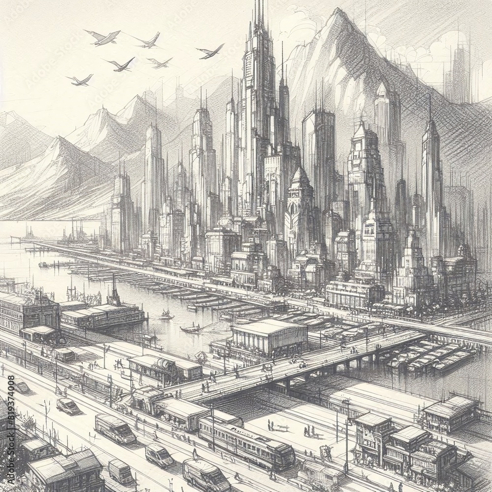 the city of the future, cyberpunk, sketch hand draw, pencil sketch