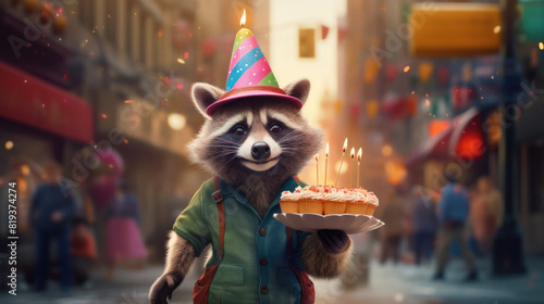 A cute funny raccoon carries a plate of cupcakes and candles along a city street. Happy birthday greetings photo