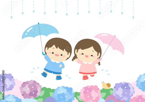 梅雨のイラスト素材、かわいい子どもたちと雨と水たまりと紫陽花の花