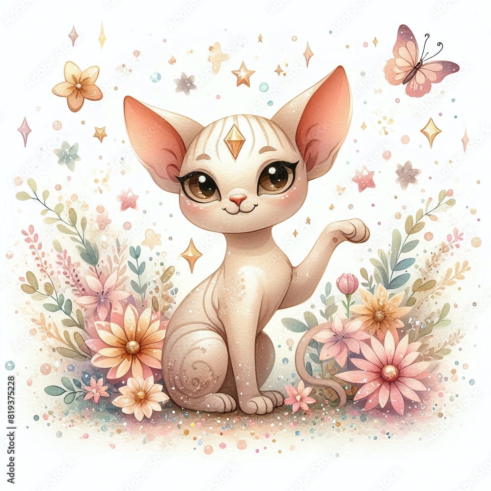 cute little cat sphinx watercolor illustration with flowers frame