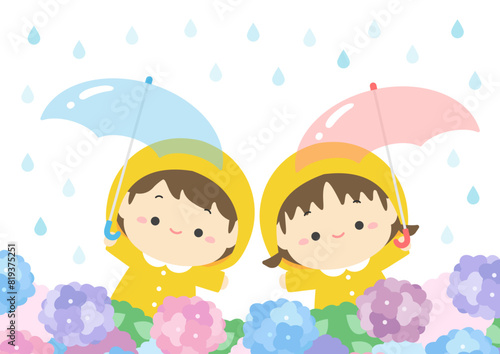 かわいい子どもと雨と紫陽花の挿し絵、梅雨のイラスト素材01梅雨のイラスト素材