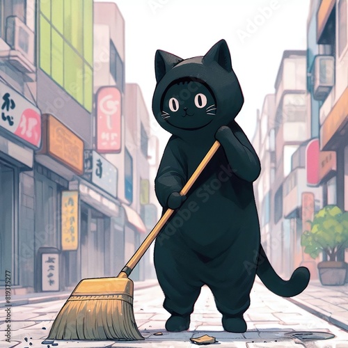 a cat in overalls sweeps the street, a janitor photo