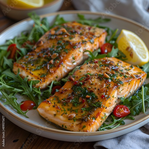 Grilled Salmon over Arugula with Cherry Tomatoes  Garnished with Sesame Seeds