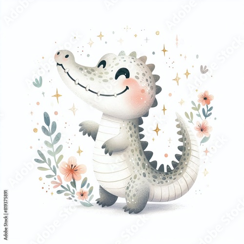 cute little crocodile watercolor illustration with flowers frame