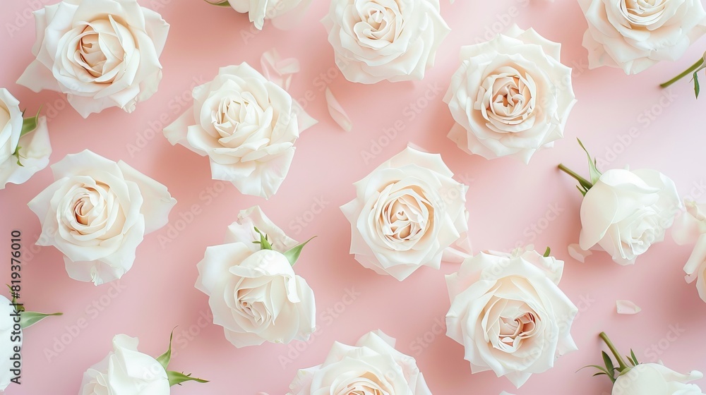 Top view, very beautiful white roses arranged in an arrangement. right edge of image on a light pink background wedding invitation card special day Top view, very beautiful white roses arranged in an arrangement. right edge of image on a light pink background wedding invitation card special day