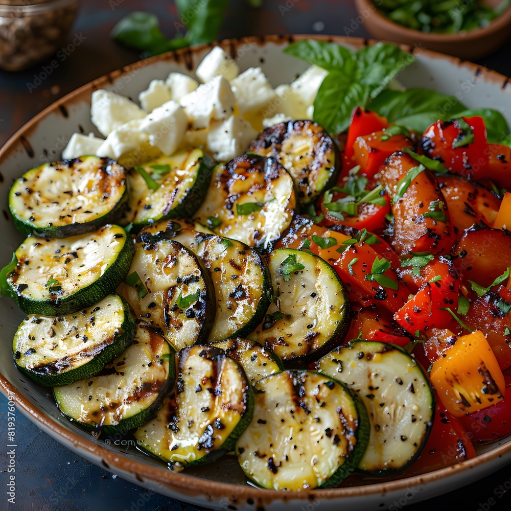 Grilled zucchini and peppers with fresh mozzarella and basil Grilled zucchini and peppers with fresh mozzarella and basil