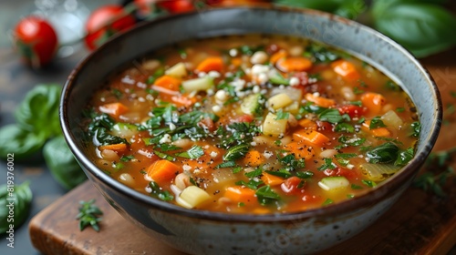 Vegetable soup hearty vegetable soup with diced vegetables and fresh herbs