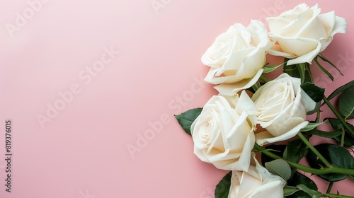 Top view, very beautiful white roses arranged in an arrangement. right edge of image on a light pink background wedding invitation card special day