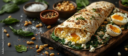 Egg wrap with spinach, cheese, and soft-boiled eggs on wooden board