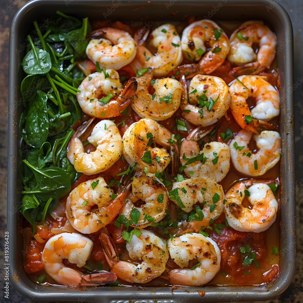 Roasted shrimp and spinach with tomatoes and herbs in baking tray, ready to serve Roasted shrimp and spinach with tomatoes and herbs in baking tray, ready to serve