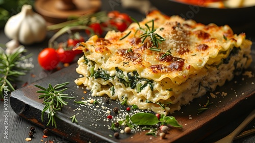 Spinach and ricotta lasagna with rosemary garnish, served on wooden cutting board