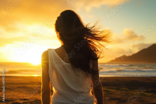 Woman watching sunset. Woman watching beautiful sunset in Hawaii © alisaaa