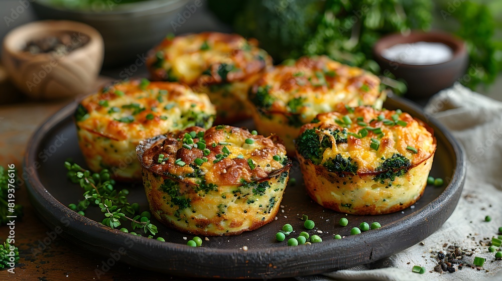 Broccoli Cheese Muffins on Dark Plate, Surrounded by Fresh Vegetables and Seasonings Broccoli Cheese Muffins on Dark Plate, Surrounded by Fresh Vegetables and Seasonings