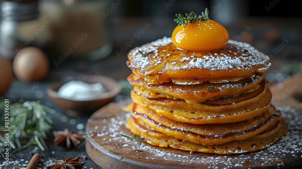 Stack of Fluffy Pancakes Topped with Egg Yolk and Powdered Sugar, Rustic Background with Fresh Ingredients Stack of Fluffy Pancakes Topped with Egg Yolk and Powdered Sugar, Rustic Background with Fresh Ingredients