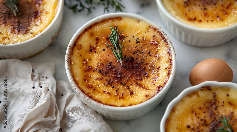 Creamy Cr�me Br�l�e in White Ramekins, Garnished with Fresh Rosemary, Eggs and Linens on Marble Surface Creamy Cr�me Br�l�e in White Ramekins, Garnished with Fresh Rosemary, Eggs and Linens on Marble Surface