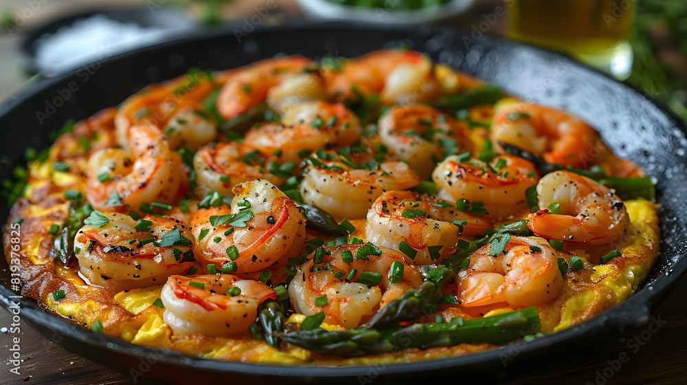 Shrimp and Asparagus Frittata in Cast Iron Skillet, Garnished with Fresh Herbs, Rustic Background Shrimp and Asparagus Frittata in Cast Iron Skillet, Garnished with Fresh Herbs, Rustic Background