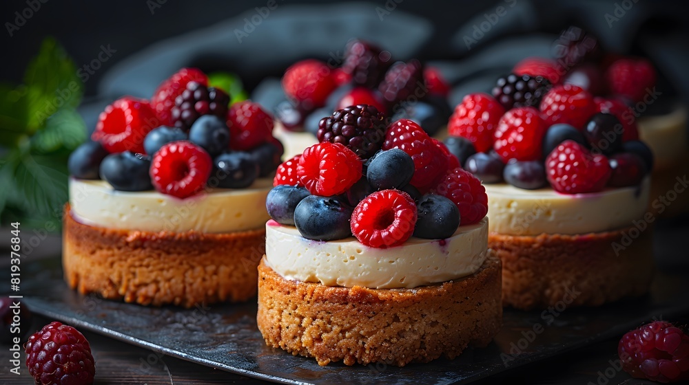 Mini Cheesecakes Topped with Fresh Raspberries, Blackberries, and Blueberries Mini Cheesecakes Topped with Fresh Raspberries, Blackberries, and Blueberries