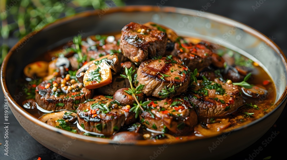 Tender Beef Medallions in Rich Mushroom Sauce, Garnished with Fresh Herbs Tender Beef Medallions in Rich Mushroom Sauce, Garnished with Fresh Herbs