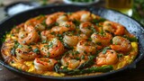 Shrimp and Asparagus Frittata in Cast Iron Skillet, Garnished with Fresh Herbs, Rustic Background