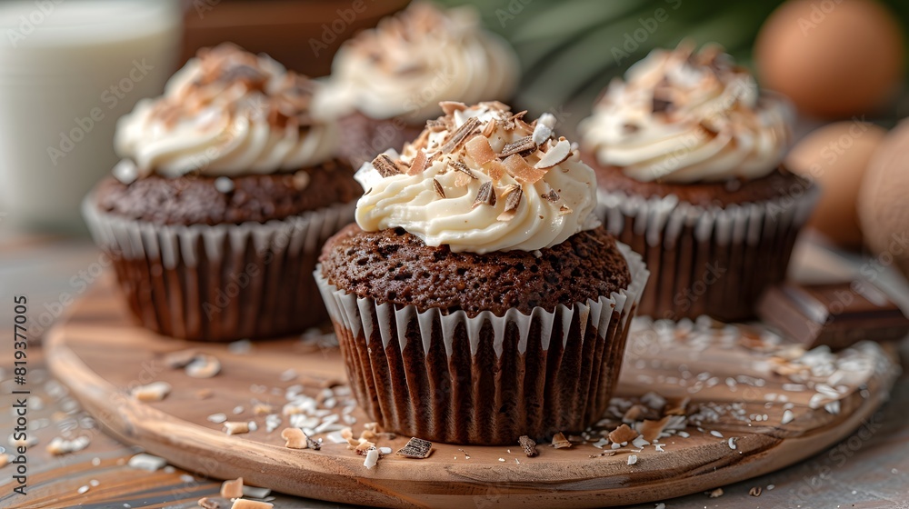 Moist Chocolate Cupcakes Topped with Whipped Cream, Shaved Coconut, and Chocolate Shavings Moist Chocolate Cupcakes Topped with Whipped Cream, Shaved Coconut, and Chocolate Shavings