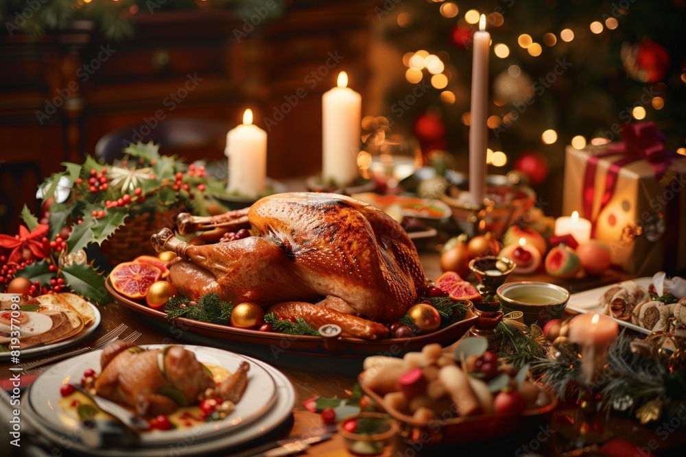 : An elegant dining table set for a holiday feast, adorned with a roasted turkey, an assortment of side dishes, festive decorations, and candles, all in a warm, inviting atmosphere. : An elegant dining table set for a holiday feast, adorned with a roasted turkey, an assortment of side dishes, festive decorations, and candles, all in a warm, inviting atmosphere.